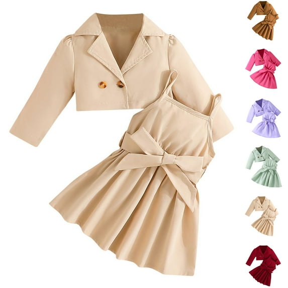 Fesfesfes Baby Hoodie Fashion Girls Solid Color Collar Jacket Long Sleeve Coat Solid Color Strap Skirt Two Piece Set