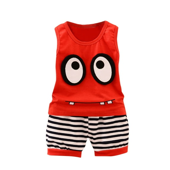 Fesfesfes Baby Kids Boys Girls Sleeveless Cartoon Patterns Vest Tank+Striped Shorts Set