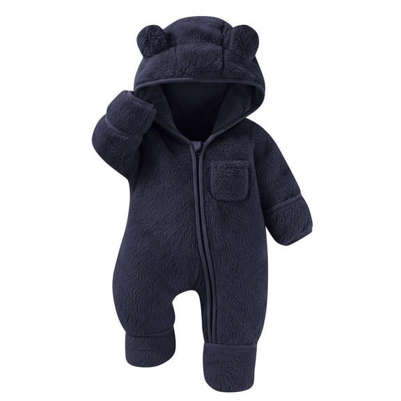 Fesfesfes Baby Solid Color Buttons Hooded Jumpsuit Fall Winter Warm Fleece Coverall Bodysuit Long Sleeve Romper Outerwear for Girls Boys Soft Cozy Playwear(Navy#3,3-6 Months)