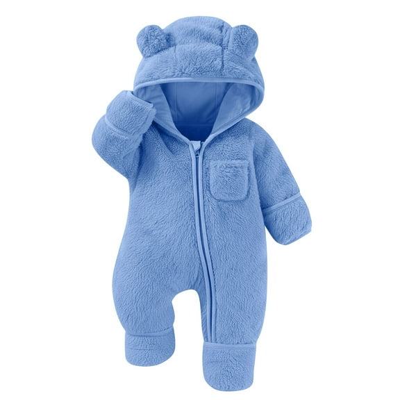 Fesfesfes Baby Solid Color Buttons Hooded Jumpsuit Fall Winter Warm Fleece Coverall Bodysuit Long Sleeve Romper Outerwear for Girls Boys Soft Cozy Playwear(Blue#3,0-3 Months)