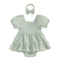 thumbnail image 1 of Fesfesfes Baby Toddler Girls Plaid Puff Sleeve Romper Dress with Bow Headband, Cute Summer Short Sleeve Onesie Bodysuit Outfit for Daily Wear Kids 0-18 Months Old., 1 of 9