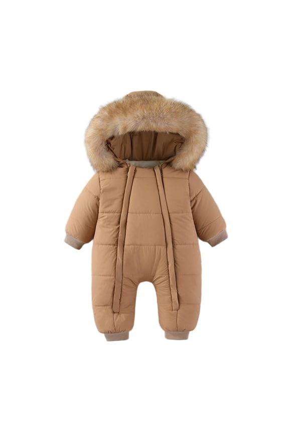 Baby Winter Jumpsuit Fleece Lined Hooded Romper with Faux Fur Collar Warm Outfit for Cold Weather Cozy 1 Piece Snowsuit for Toddler Boys Girls(Coffee,6-9 Months)