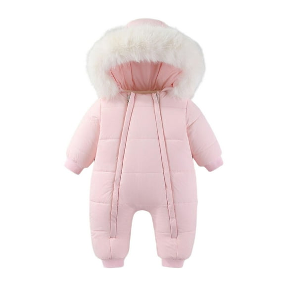 Fesfesfes Baby Winter Jumpsuit Fleece Lined Hooded Romper with Faux Fur Collar Warm Outfit for Cold Weather Cozy 1 Piece Snowsuit for Toddler Boys Girls(Pink,9-12 Months)