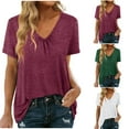 thumbnail image 1 of Fesfesfes Basic Short Sleeve Tees Women Casual V Neck Short Puff Sleeve Color Blouse T-shirt Tops Loose Fit Shirr Womens Tshirts 4(S), 1 of 6