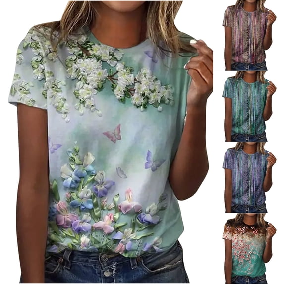 Fesfesfes Basic Tees for Women Fashion Summer Printed Regular Women Short Sleeves Round Neck Button Top Linen Tops for Women L(US:8)