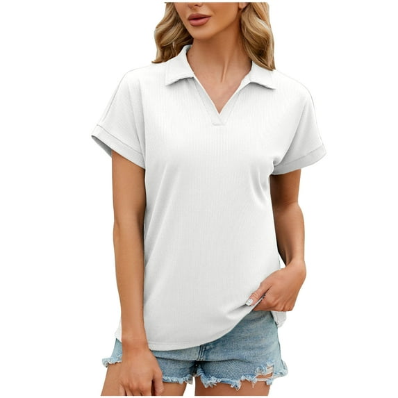 Fesfesfes Basic Tees for Women Women Fashion Turndown Collar Short Sleeve Shirt Casual Loose Shirt Tops Womens T Shirt S(US:4)