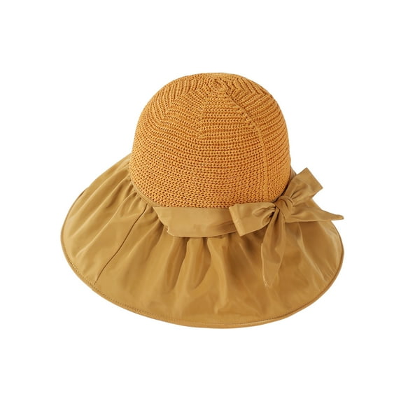 Fesfesfes Beach Hat for Women Fashion Bow Tie Solid Color Weave Hollow Out Top With Windproof Cord Cap Pleated Foldable Sun Hat