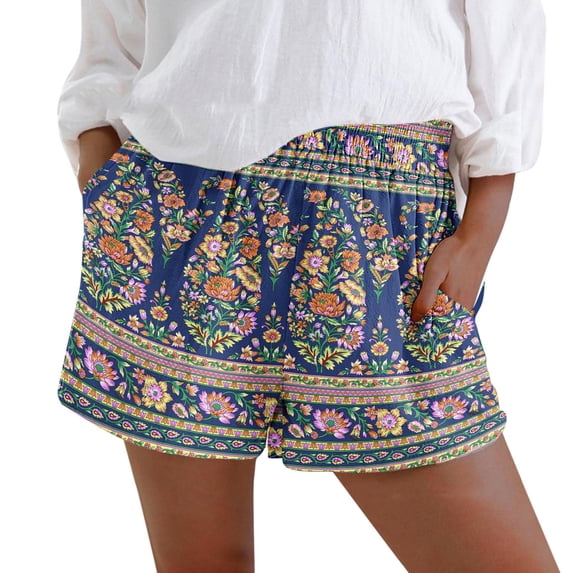 Fesfesfes Bermuda Shorts for Women Vintage Floral Print Boho Casual Short Pants Loose High Waist Elastic Bandage Shorts with Pocket