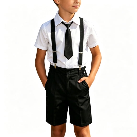 Fesfesfes Big Boys 2-15 Years Old Outfit Set,Summer Academy Style 4-Piece Suit,Short Sleeve Collared Shirt with Suspenders Tie,Pocketed Shorts Formal Gentleman Kids Clothing