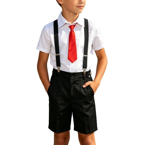 Fesfesfes Big Boys 2-15 Years Old Outfit Set,Summer Academy Style 4-Piece Suit,Short Sleeve Collared Shirt with Suspenders Tie,Pocketed Shorts Formal Gentleman Kids Clothing