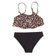 Fesfesfes Big Girls Swimsuit Sling Leopard Gradient Color Beach Ruffle Patchwork Bikini Suit