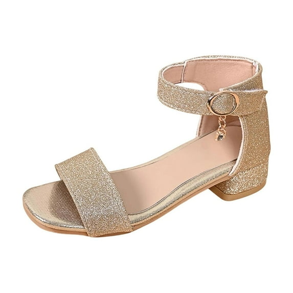 Fesfesfes Big Kids' Glitter Princess Heel Sandals,Girls Spring Summer Soft Sole Slippers,Non-Slip Low Block Heel,Open Toe Rhinestone Detail for Formal & Casual Wear