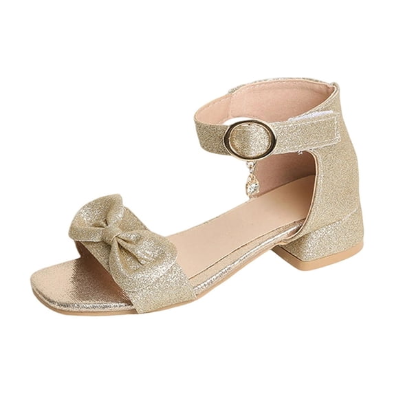 Fesfesfes Big Kids' Glitter Princess Heel Sandals,Girls Spring Summer Soft Sole Slippers,Non-Slip Low Block Heel,Open Toe Rhinestone Detail for Formal & Casual Wear