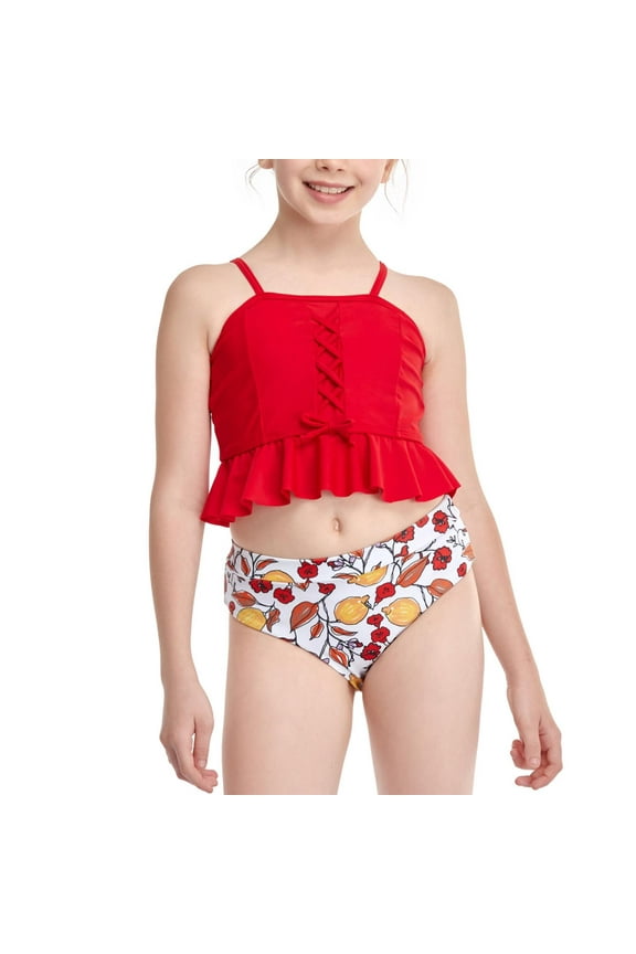Bikini Floral Print Double Ruffle Swimsuit Set (Girl's)