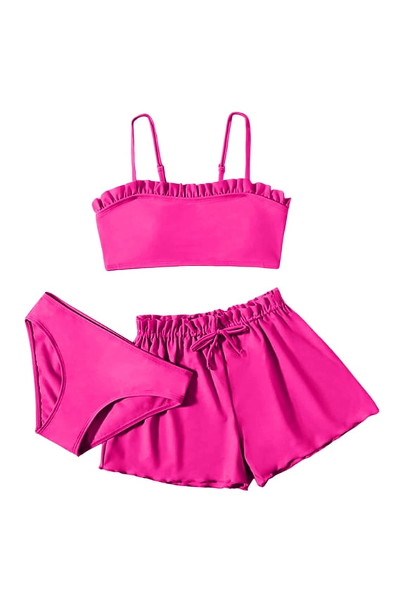 Bikini Sets for Girls Sleeveless Solid Color Swimsuit Teen Girls 3PC Swimwear Big Girls Swimsuit Bikini Sets