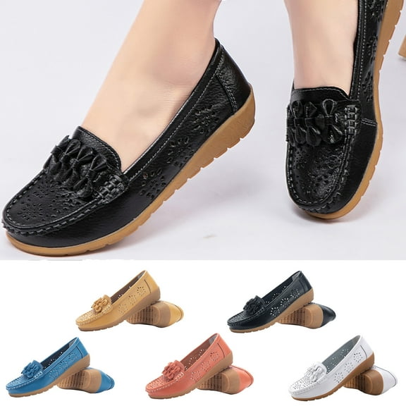 Fesfesfes Black Flats shoes Round Toe Casual Lightweight Shoe Cowhide Peas Mom Shoes Cowhide Soled Hollowed Out Shoes 36(5.5)
