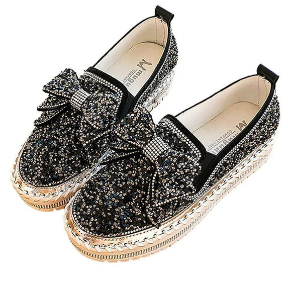 Fesfesfes Black Loafers Women Round Toe Fashion Shoe Bow Sequin Solid Color Platform Casual Ladies Shoes 41(8.5)