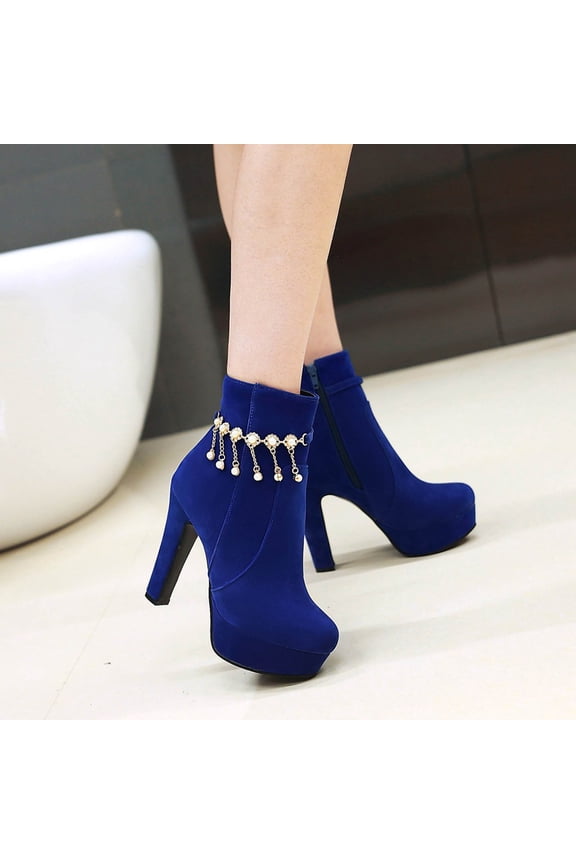Black Platform Boots for Women And Winter Plus Size Ladies Knight Metal Chain Tassel Water Platform Super High Heel Side Zipper 5.5(36)