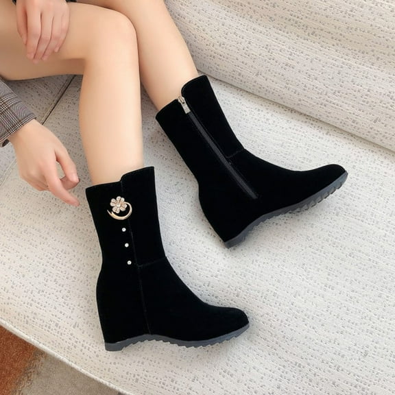 Fesfesfes Black Platform Boots for Women Inner Height Winter Wedge Heel Casual Short Suede Small 7.5(40)