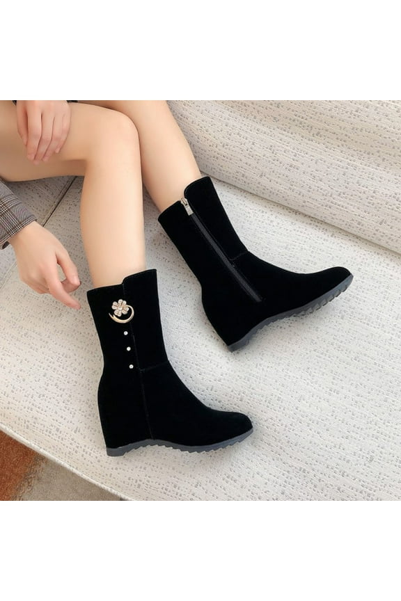 Black Platform Boots for Women Inner Height Winter Wedge Heel Casual Short Suede Small 7.5(40)