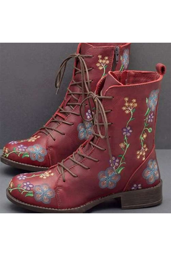 Black Platform Boots for Women Printed Embroidered Boots Over Feet Round Toe Chunky Ankle Boots 7(37)
