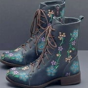 Fesfesfes Black Platform Boots for Women Printed Embroidered Boots Over Feet Round Toe Chunky Ankle Boots 7.538