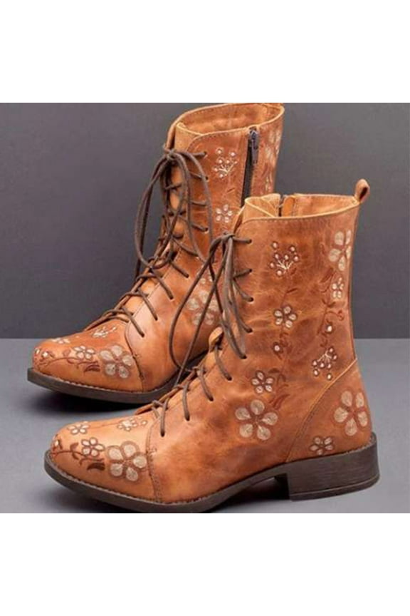 Black Platform Boots for Women Printed Embroidered Boots Over Feet Round Toe Chunky Ankle Boots 8(39)