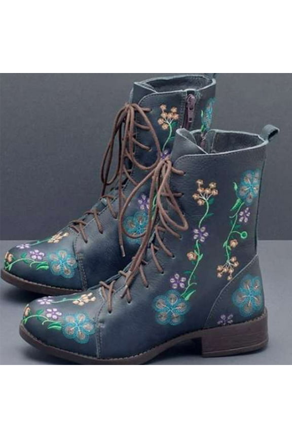 Black Platform Boots for Women Printed Embroidered Boots Over Feet Round Toe Chunky Ankle Boots 9.5(42)