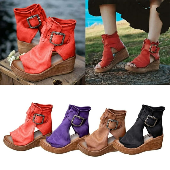 Fesfesfes Black Sandals Women Peep-toe Pump Summer Fashion High-top Wedge Sandals Thick-soled Peep-Toe Roman Sandals 5(35)