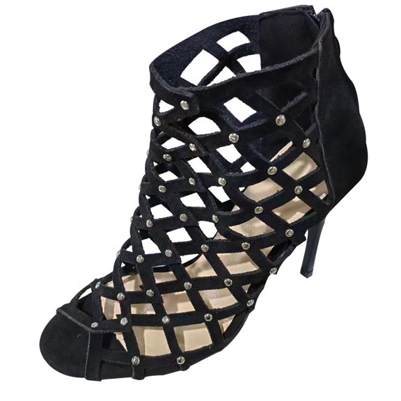 Fesfesfes Black Shoes Womens Plus Size Hollow Round Head Dazzling Rhinestone Heels 5(35)