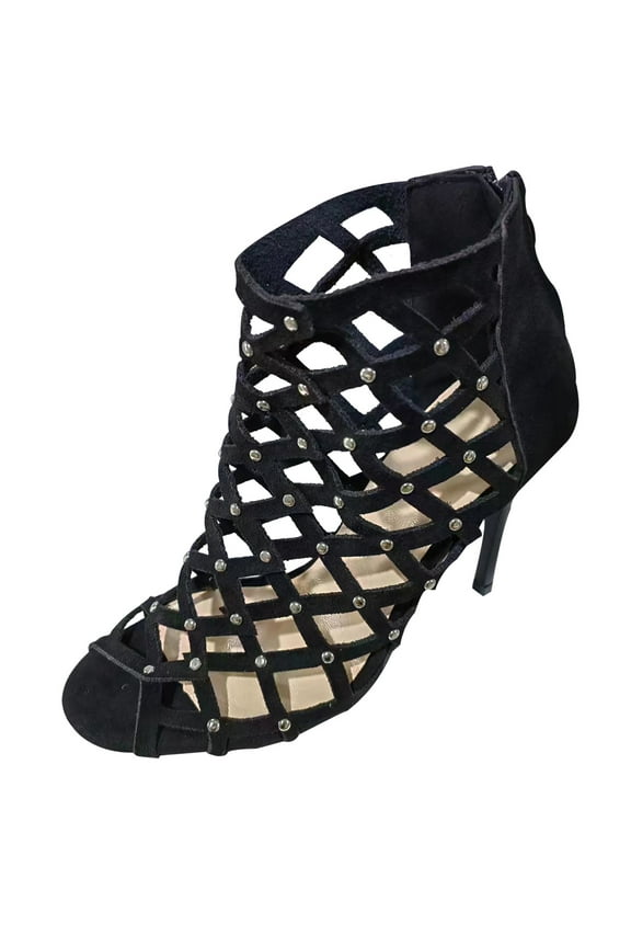 Black Shoes Womens Plus Size Hollow Round Head Dazzling Rhinestone Heels 7.5(40)