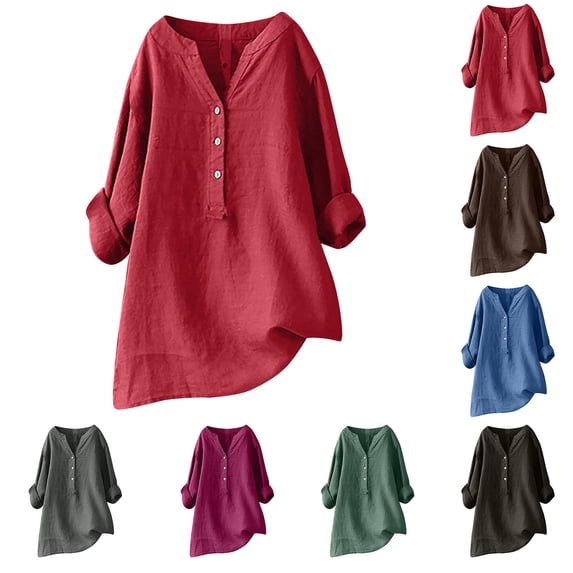Fesfesfes Black Tshirt for Women Plus V-Neck Long Sleeve Loose Button Cotton And Linen Tunic Summer Blouse 16(XXXXL)