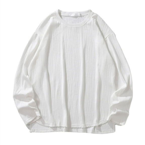 Fesfesfes Blouse Shirt for Men Casual Solid Sports Fitness Round Neck Pullover Ripple Long Sleeve Sweater Top