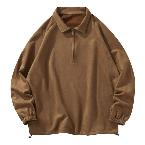 Fesfesfes Blouse Shirt for Men Casual Solid Turndown Long Sleeve Pullover Zipper Top Hoodie On Sale