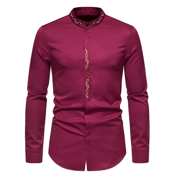 Fesfesfes Blouse Shirt for Men Casual Stand Collar Cutton-down Embroidery Shirt Long Sleeve Shirt On Sale