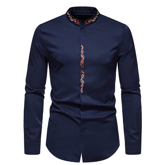 Fesfesfes Blouse Shirt for Men Casual Stand Collar Cutton-down Embroidery Shirt Long Sleeve Shirt Sale Items