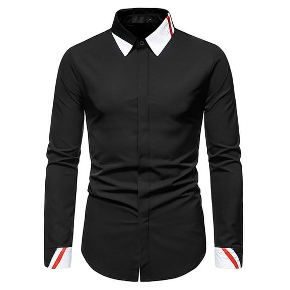 Fesfesfes Blouse Shirt for Men Fall Colorblock Casual Business Slim Fit Long Sleeve Turndown Top Blouse