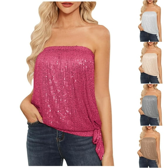 Fesfesfes Blouse Women Fashion Solid Color Sequins Sheath Tank Top Short Sleeve One-Shoulder Top/Blouse Women Workout Tops S(US:4)