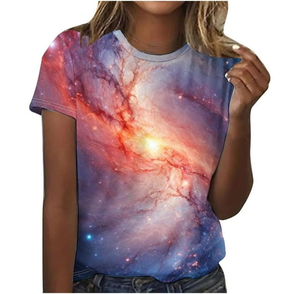 Fesfesfes Blouse for Women's Fashion Printed Short Sleeves Blouse Round Neck Casual Tops Womens Shirts S(US:4)