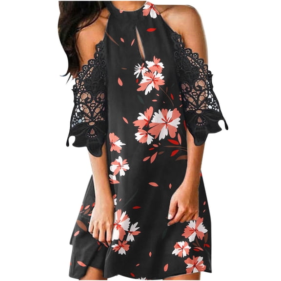 Fesfesfes Boho Dress for Women Floral Print Mini Sun Dress Off Shoulder Halter Neck Tunic Dress Front Hollow Out Lace Half Sleeve Spring Dress