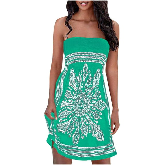 Fesfesfes Boho Dress for Women Pleated Tube Top Strapless Mini Dress Vintage Floral Print Spring Dress Casual Off the Shoulder Beach Dress