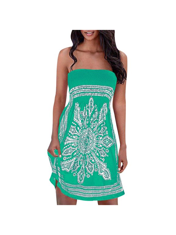 Boho Dress for Women Pleated Tube Top Strapless Mini Dress Vintage Floral Print Spring Dress Casual Off the Shoulder Beach Dress