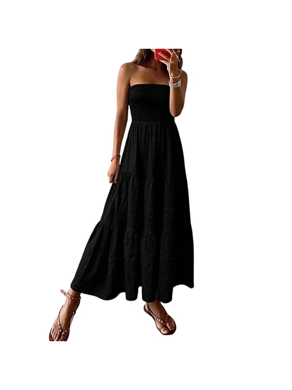 Boho Dress for Women Pleated Tube Top Strapless Mini Dress Spring Dress Casual Off the Shoulder Beach Dress Solid Color Print