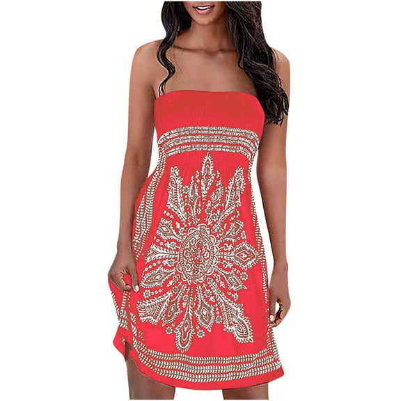 Fesfesfes Boho Dress for Women Pleated Tube Top Strapless Mini Dress Vintage Floral Print Summer Dress Casual Off the Shoulder Beach Dress