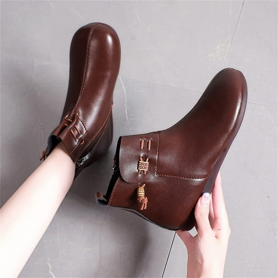 Fesfesfes Booties For Women Low Heel Womens Fashion Solid Boots Zipper Women Round Toe Flat Heel Boots Shoes 6(37)