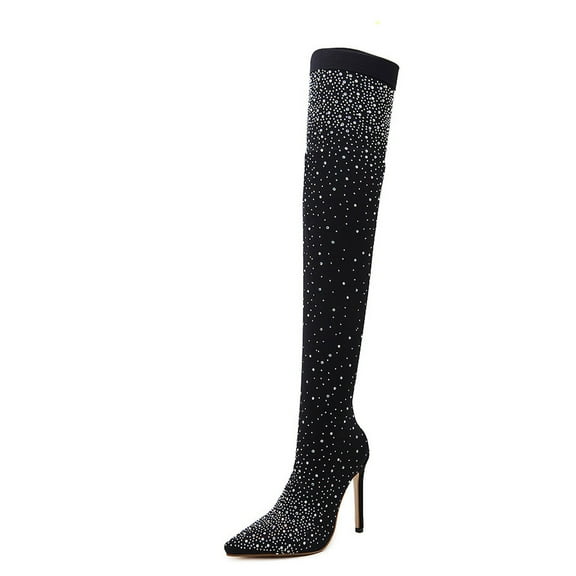 Fesfesfes Boots For Women Knee High Nightclub Rhinestone Stretch High Heel Over The Knee Stage Net Stockings US:6(37)