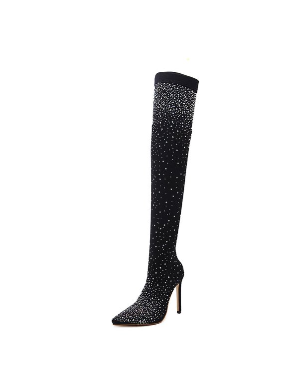 Boots For Women Knee High Nightclub Rhinestone Stretch High Heel Over The Knee Stage Net Stockings US:6(37)