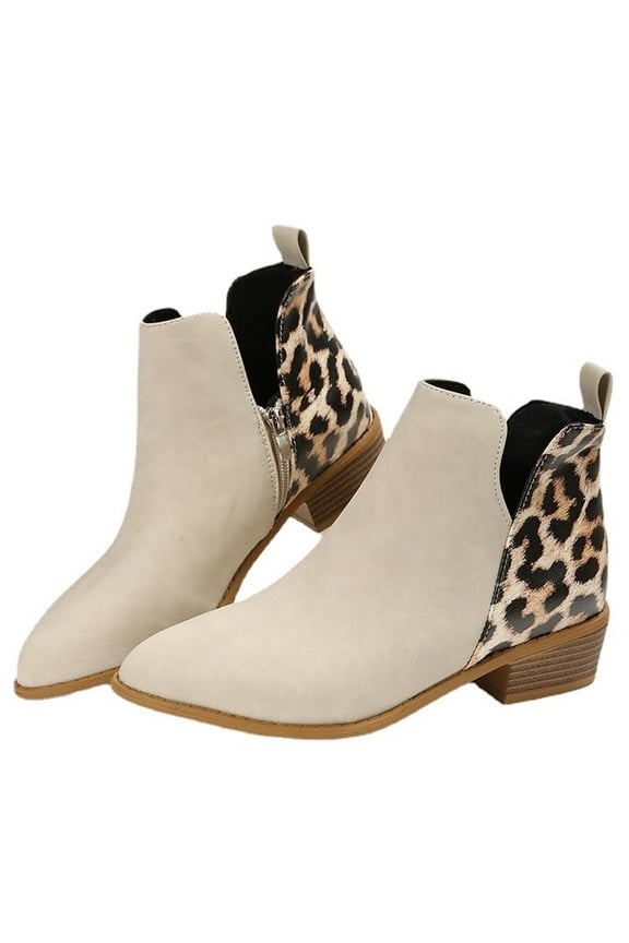 Boots Women Casual Leopard Shoes Thick Heel Round Boots Side Zipper Boots 7.5(40)