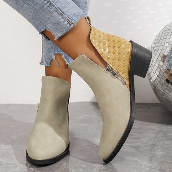 Fesfesfes Boots Women Fashion Color Boots Chunky Heel Low Heel Pointed Toe Back Zipper Short Boots 5.5(38)