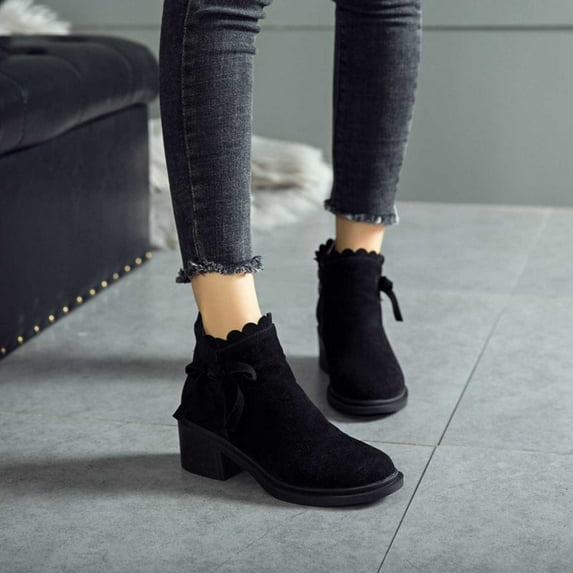 Fesfesfes Boots Women Large Size Solid Color Flannelette Mid-calf Boots Non-slip Boots With Thick Heels 5(35)